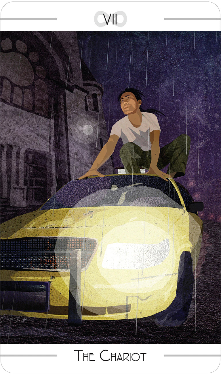 Illustration of a person sitting on a yellow car with a dark, rainy background