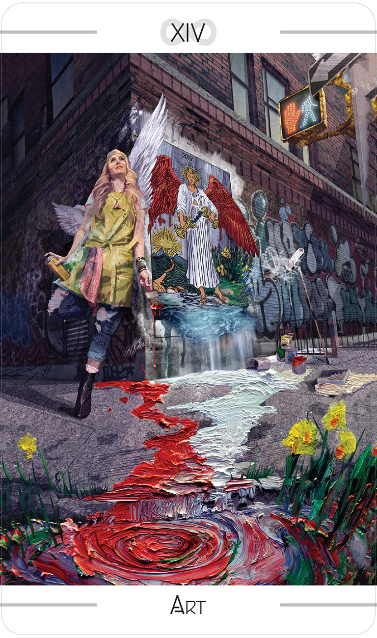 Tarot card featuring a person with wings walking through a mural and puddle on a street.