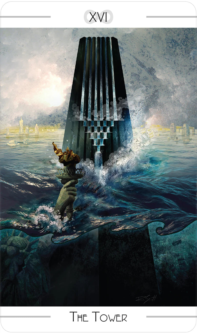 Tarot card titled 'The Tower' with a figure standing on a cliff overlooking a cityscape with a large tower collapsing into the sea.