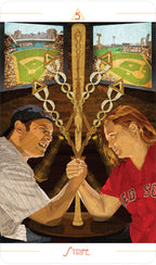 Illustration of two people arm wrestling with a baseball stadium in the background
