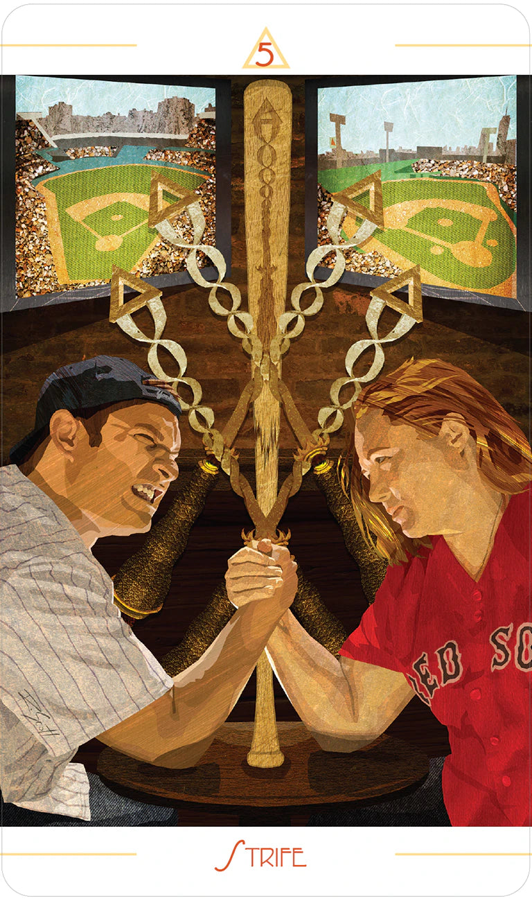 Illustration of two people arm wrestling with a baseball stadium in the background