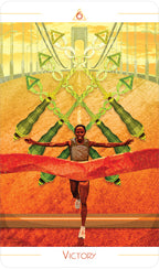 Card titled 'Victory' featuring a person in a yoga pose with green and red elements.