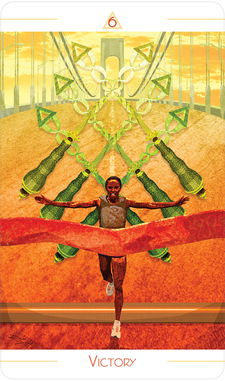 Card titled 'Victory' featuring a person in a yoga pose with green and red elements.