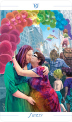 Two people embracing with a colorful, festive background featuring balloons and people.