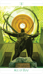 Statue of Atlas with a large sphere on a green background, labeled 'Ace of Discs'.