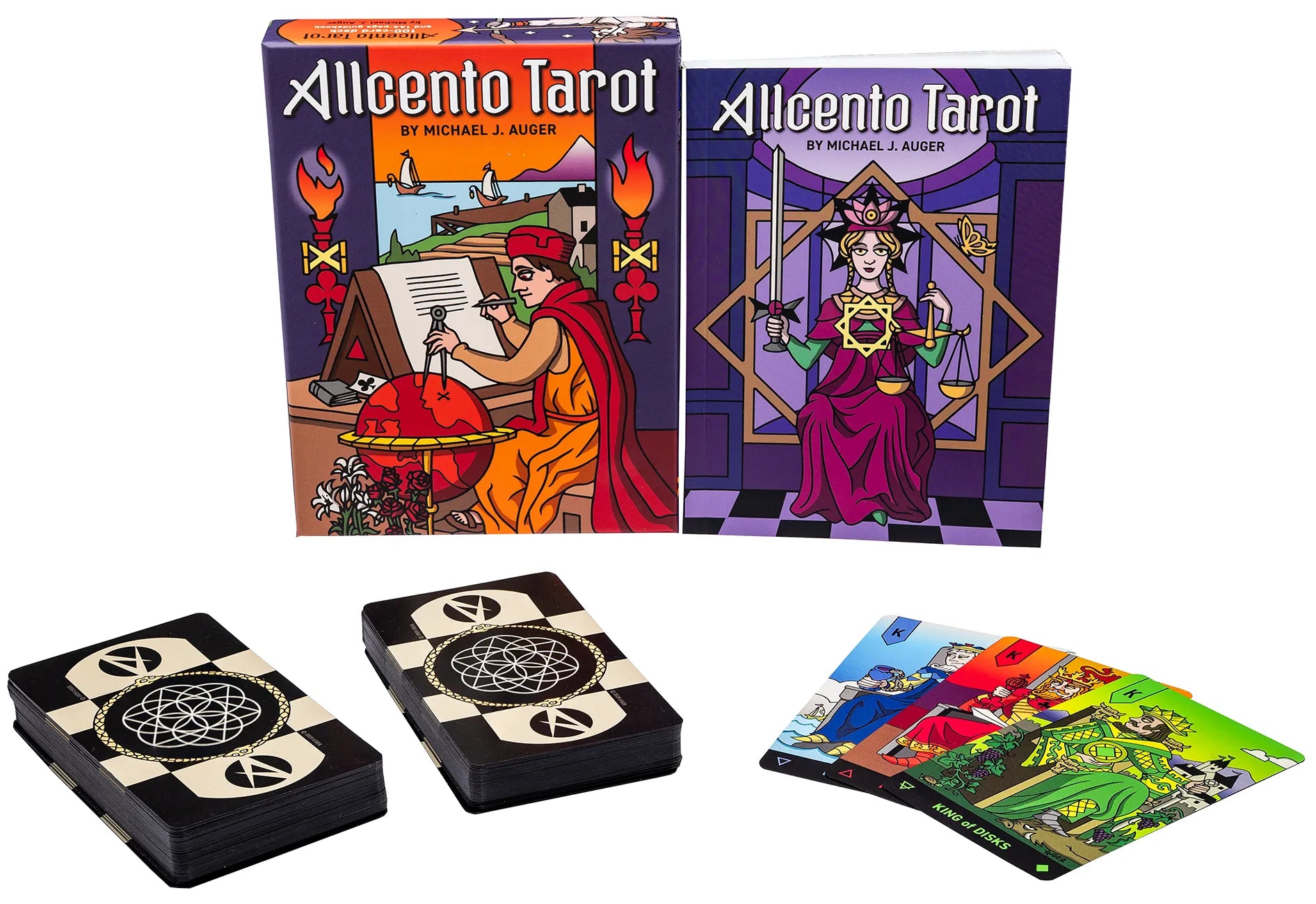 Two tarot card boxes and a few cards displayed on a white background