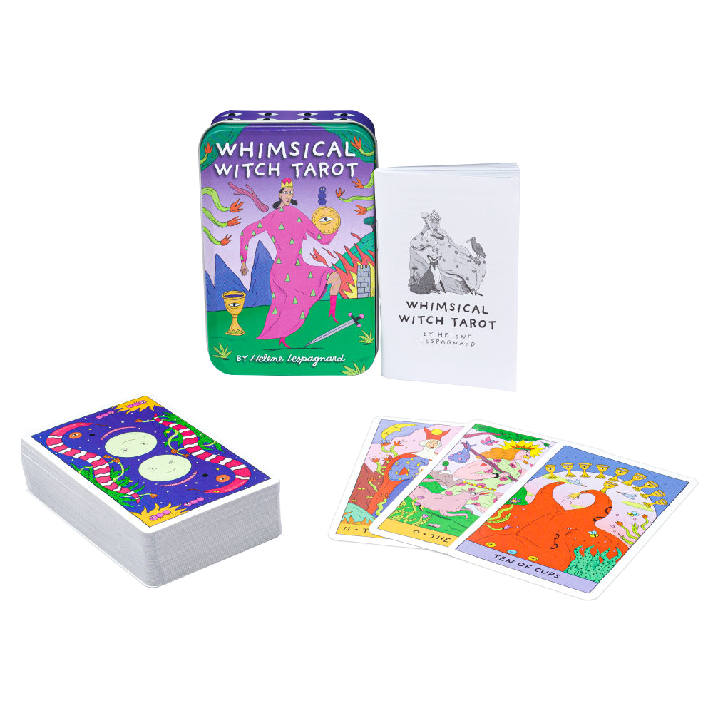 Whimsical Witch Tarot cards with colorful designs and a purple box on a white background