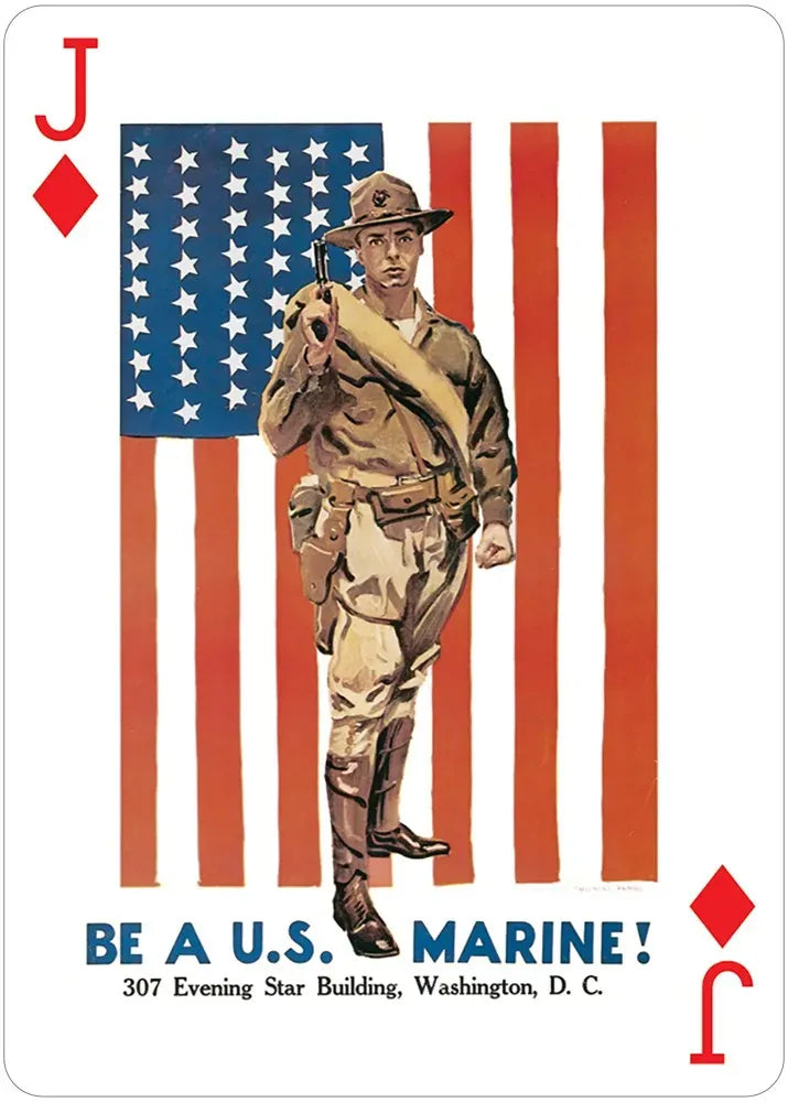 Playing card design with a U.S. Marine holding a rifle, American flag, and text 'Be a U.S. Marine!'