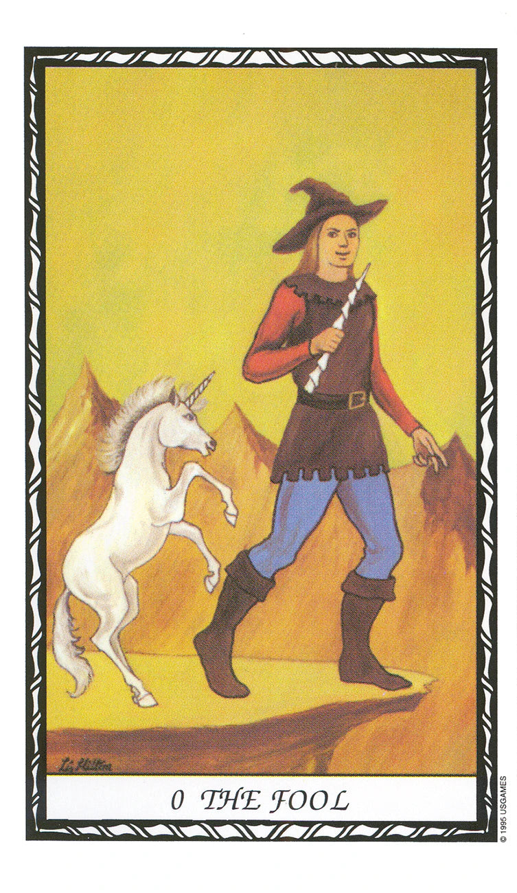Tarot card featuring a person with a unicorn and the text 'The Fool' on a yellow background.