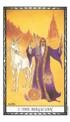 Tarot card featuring a wizard with a unicorn and magical elements on a yellow background
