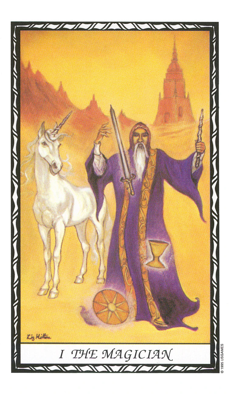 Tarot card featuring a wizard with a unicorn and magical elements on a yellow background
