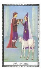 Two of Cups tarot card with a couple holding cups and a horse.