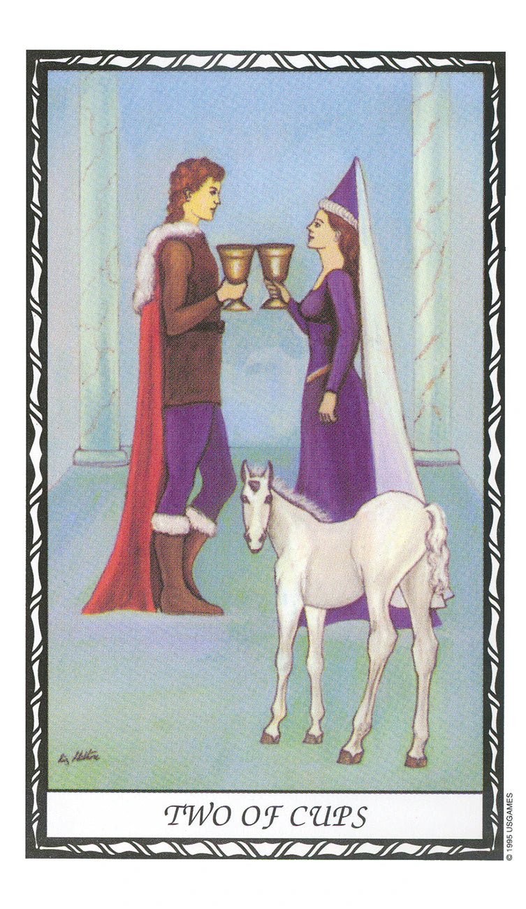 Two of Cups tarot card with a couple holding cups and a horse.