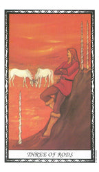 Tarot card featuring a person in red clothing with two white animals on an orange background