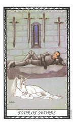 Four of Swords tarot card with a person lying on a stone floor and three swords above.