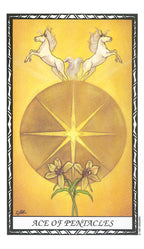 Ace of Pentacles tarot card with two horses and flowers on a yellow background