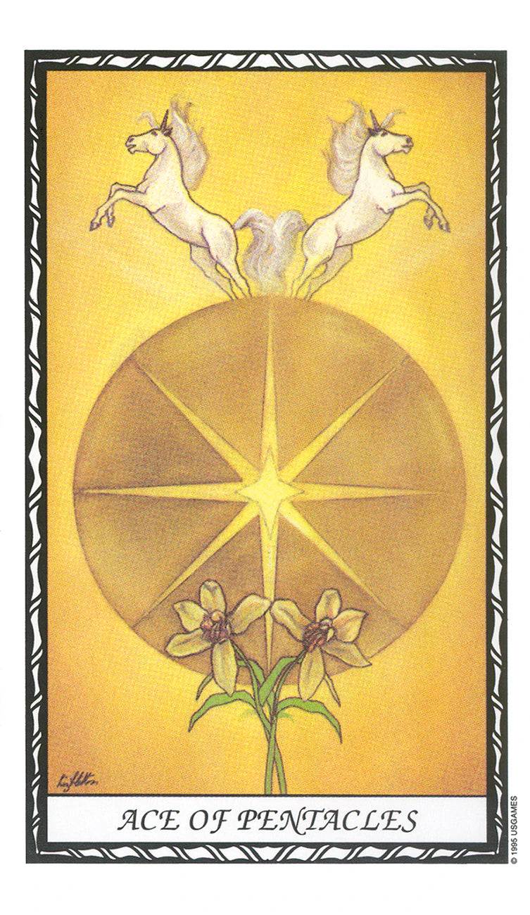 Ace of Pentacles tarot card with two horses and flowers on a yellow background