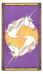 Unicorn design on a purple background with gold border