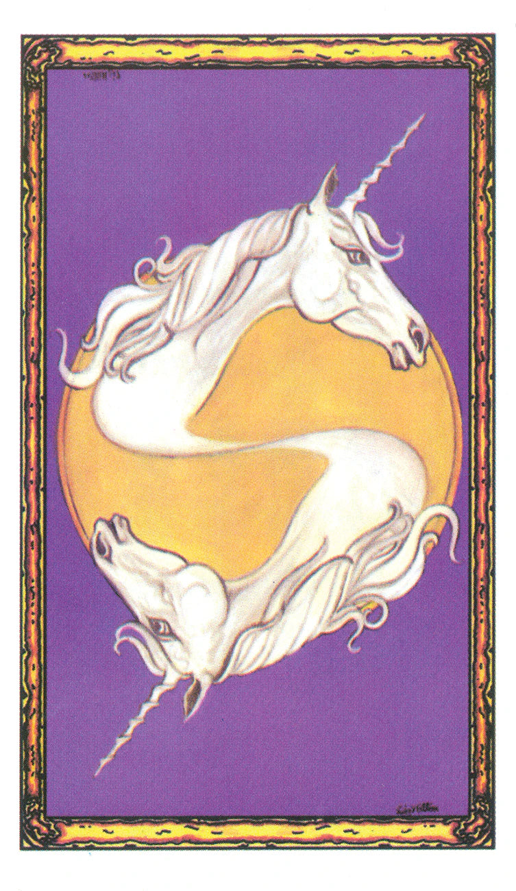 Unicorn design on a purple background with gold border
