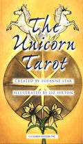 Cover of 'The Unicorn Tarot' with illustrations of unicorns and flowers on a yellow background.