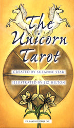 Cover of 'The Unicorn Tarot' with illustrations of unicorns and flowers on a yellow background.