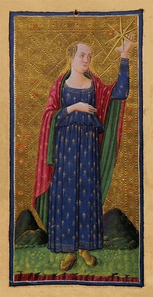 Medieval-style illustration of a woman holding a star against a gold background