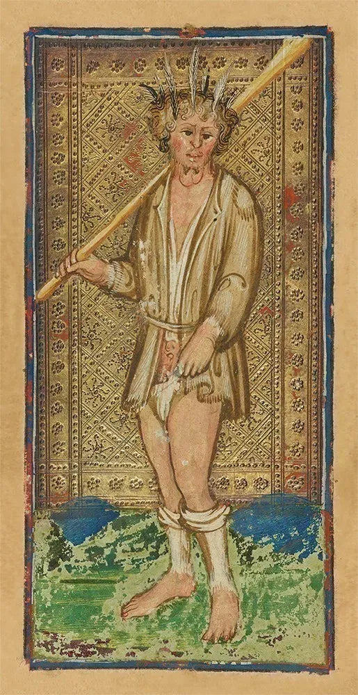 Medieval illustration of a figure with a staff on a patterned background