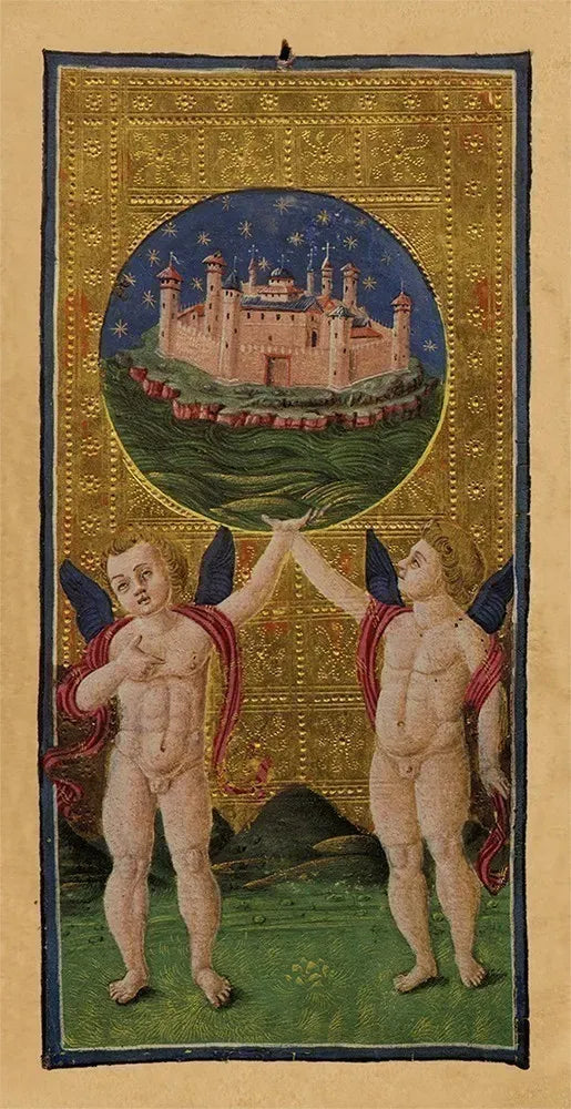 Decorative panel with two cherubic figures and a castle, framed by gold and blue elements.