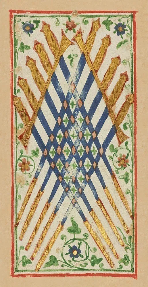 Decorative card with interwoven gold and blue patterns on a beige background