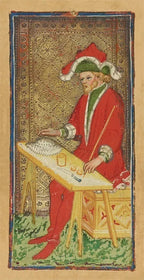 Illustration of a person in red clothing with a green hat, sitting at a table with a patterned rug in the background.