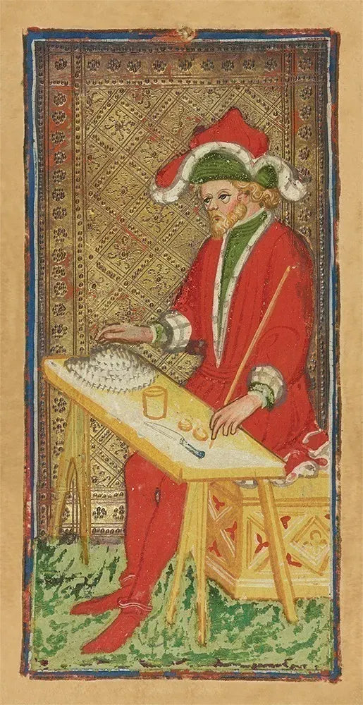 Illustration of a person in red clothing with a green hat, sitting at a table with a patterned rug in the background.