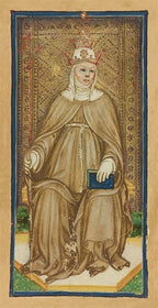 Medieval-style illustration of a woman in ornate clothing with a decorative border