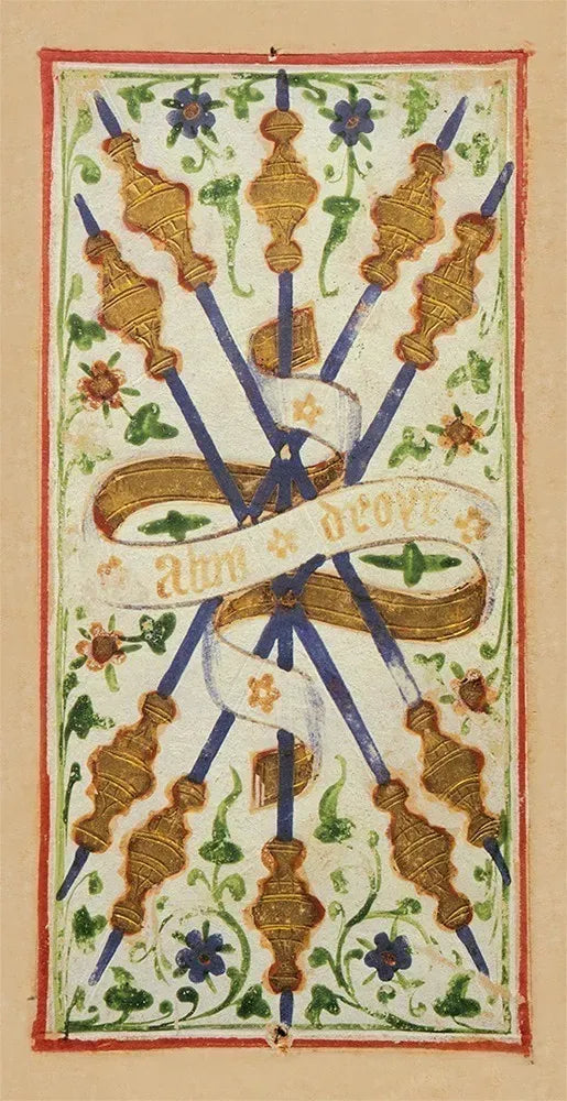 Decorative illustration with crossed swords, floral elements, and text on a beige background