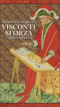 Card deck cover featuring a person in historical attire with text 'Pierpont Morgan Visconti Sforza Tarocchi Deck'.