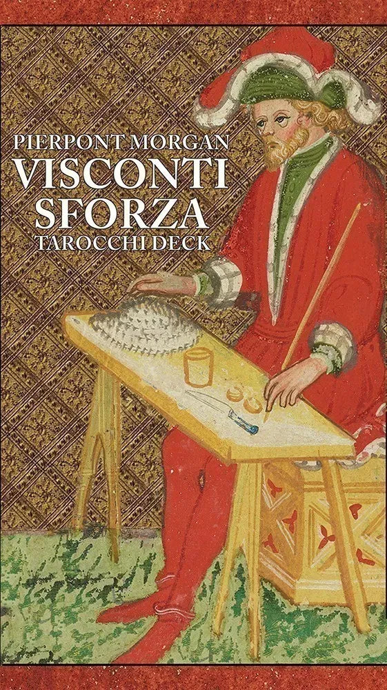 Card deck cover featuring a person in historical attire with text 'Pierpont Morgan Visconti Sforza Tarocchi Deck'.