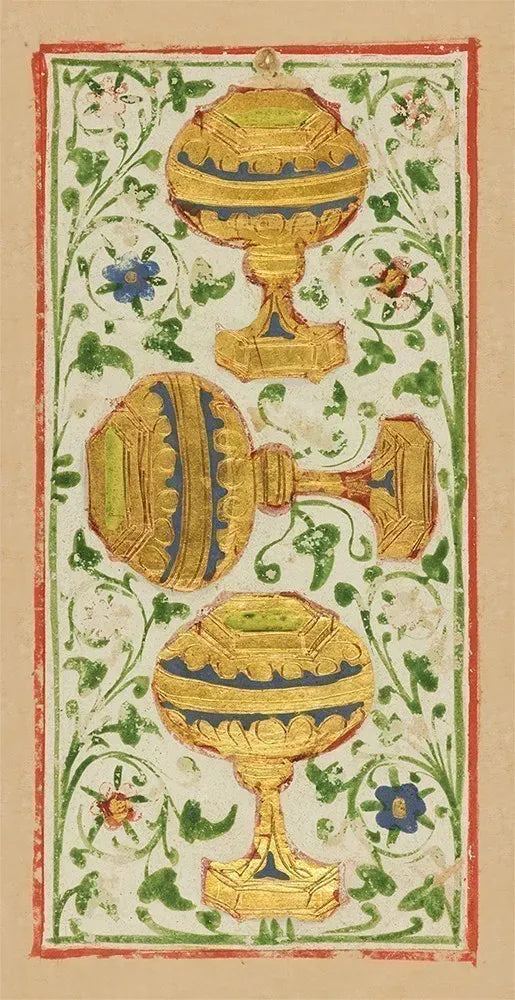 Decorative illustration of gold urns with blue accents on a floral background