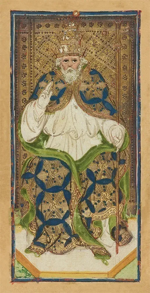Medieval manuscript illustration of a crowned figure in ornate clothing