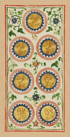 Decorative design with gold circular patterns and floral elements on a beige background