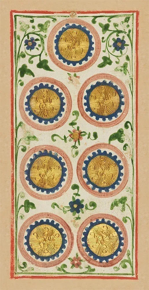Decorative design with gold circular patterns and floral elements on a beige background