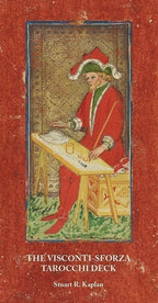 Book cover of 'The Visconti-Sforza Tarocchi Deck' with a tarot card design on a red background.