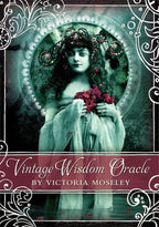 Book cover of 'Vintage Wisdom Oracle' by Victoria Moseley with a woman holding flowers and decorative elements.
