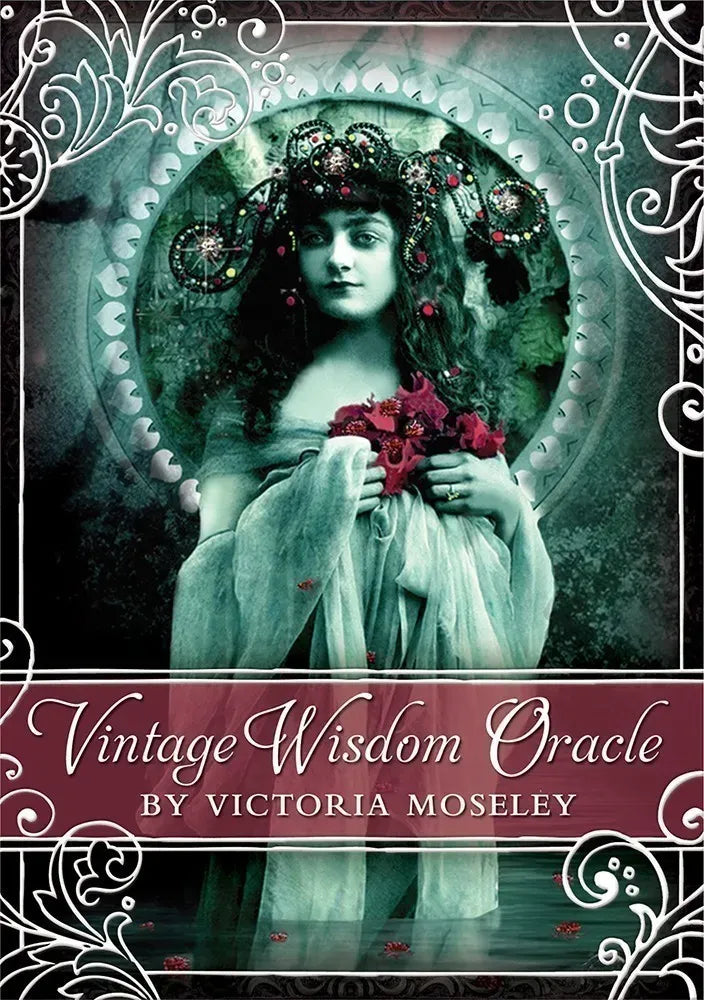 Book cover of 'Vintage Wisdom Oracle' by Victoria Moseley with a woman holding flowers and decorative elements.