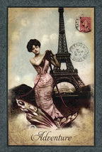 Vintage-style illustration of a woman in a pink dress with the Eiffel Tower and 'Adventure' text.