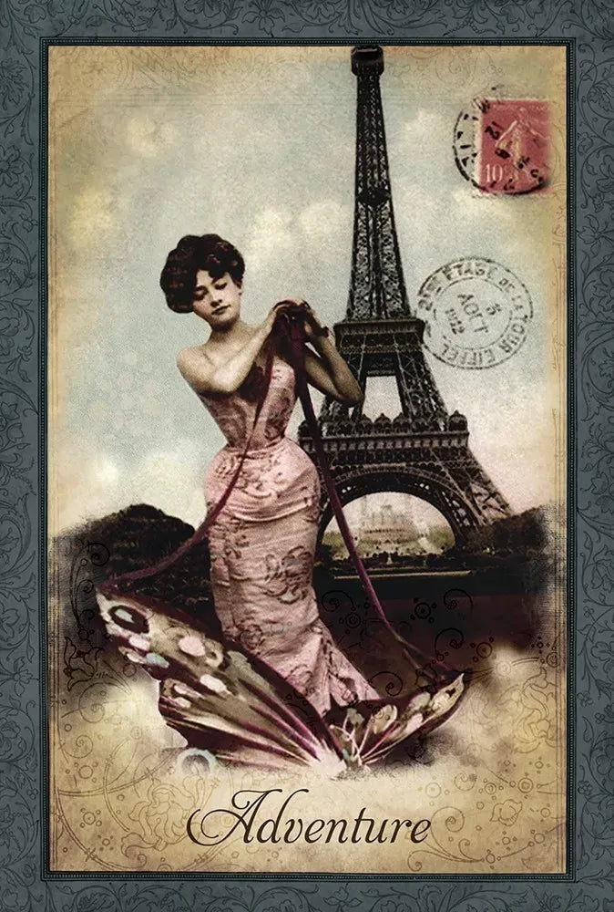 Vintage-style illustration of a woman in a pink dress with the Eiffel Tower and 'Adventure' text.