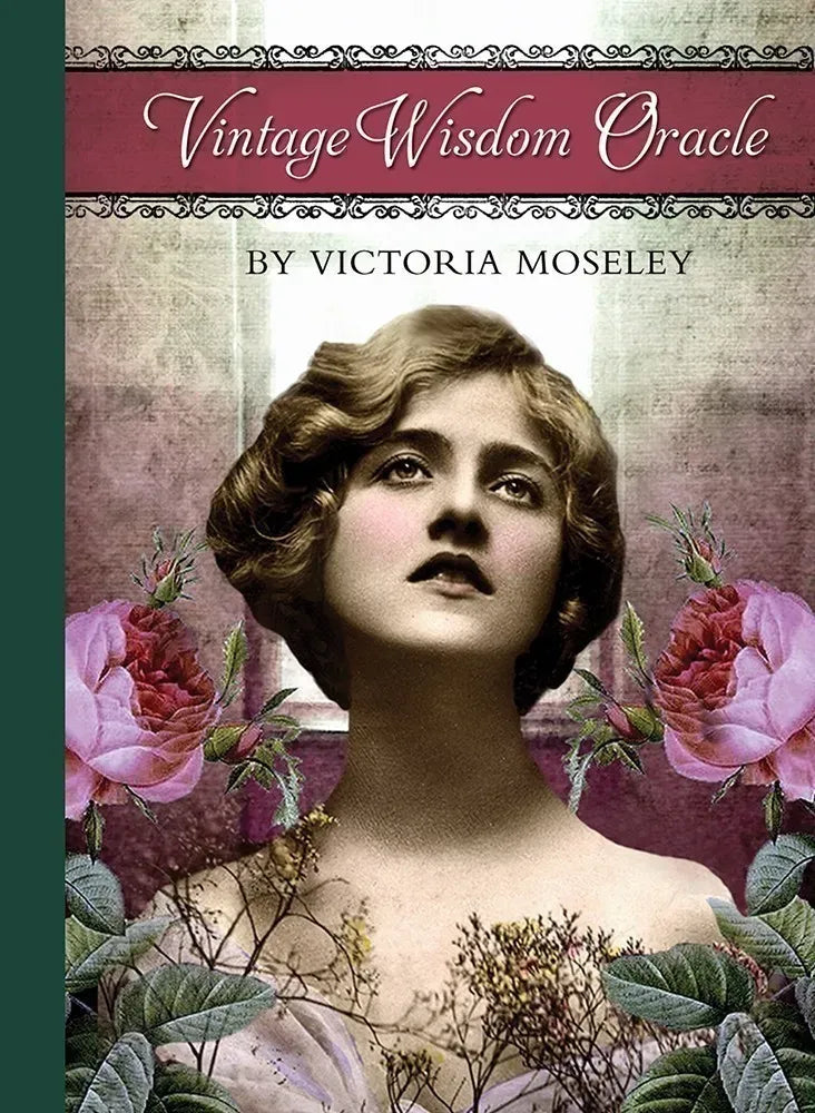 Book cover of 'Vintage Wisdom Oracle' by Victoria Moseley with a vintage-style portrait and floral elements.