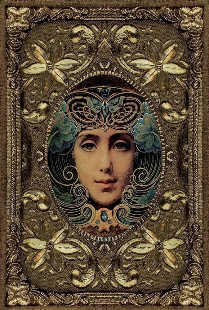 Decorative artwork with intricate designs and a central face in an ornate frame.