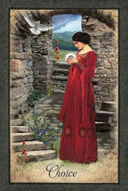 Woman in a red dress holding a crystal ball in an outdoor setting with stone walls and flowers.