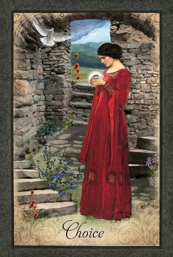 Woman in a red dress holding a crystal ball in an outdoor setting with stone walls and flowers.