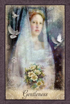 Artistic depiction of a woman with a veil and flowers, surrounded by doves, with the word 'Gentleness' at the bottom.
