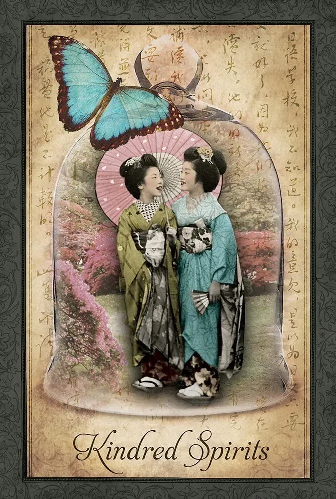 Vintage-style illustration of two women in traditional attire with a butterfly and text, titled 'Kindred Spirits'.